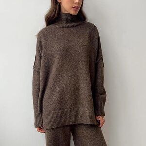 Commense Women’s Knit Turtleneck Sweater Chocolate Brown Oversized Lounge Soft L